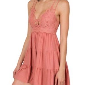 Free People Elegant Peach Lace Tiered Dress